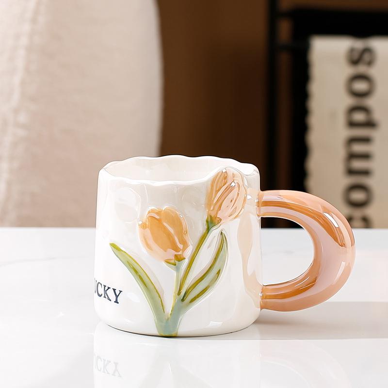 Tulip ceramic mug high value cup girls souvenir practical water cup office coffee cup with spoon