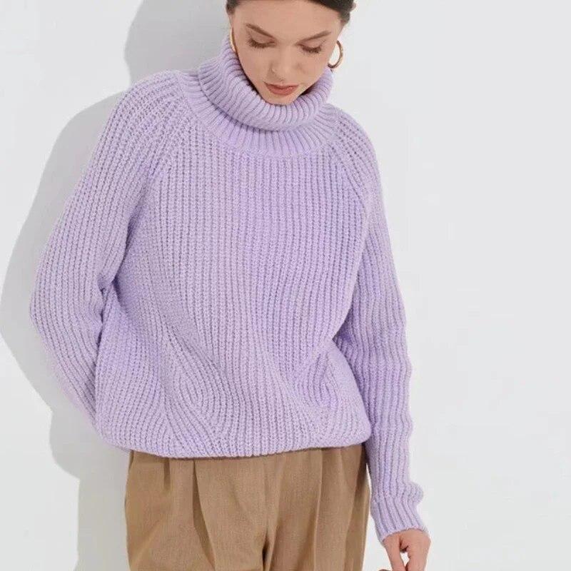 Autumn Turtleneck Womens Sweater Winter  Fashion Office Lady Warm Loose Knitted Top Solid Color Casual Knitwears 30400