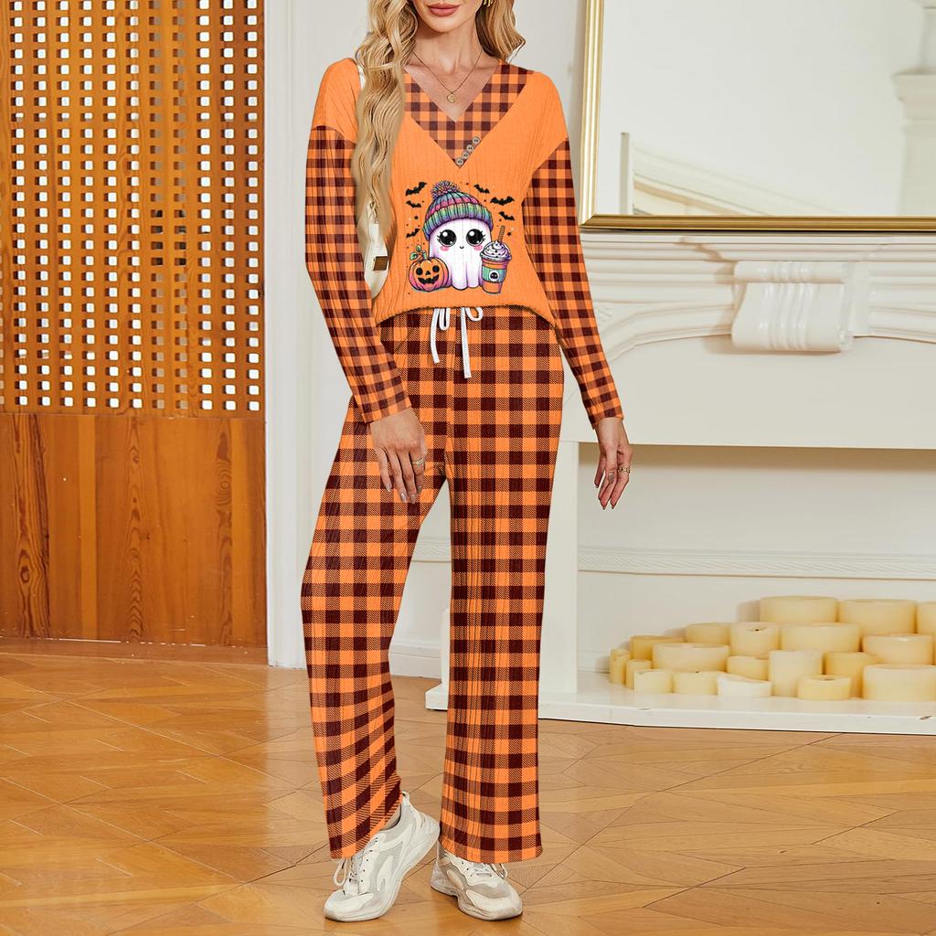 Women's Halloween Print V-Neck Long Sleeve Pajama Set with Pockets Loose Fit Sleepwear Set