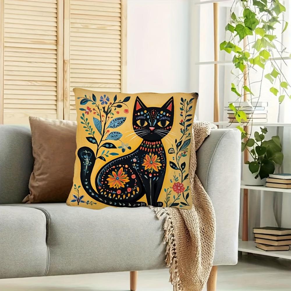 1Pc Folk Art Style Floral Black Cat Printed Throw Pillow Cover,Suitable For Sofa,Bedroom,Living Room,Unique Gift For Cat Lovers