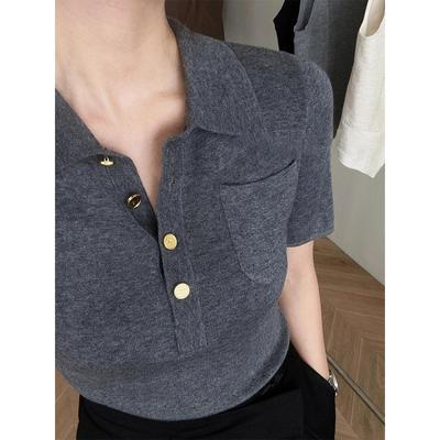 Lapel Gray Short-sleeved Knitted Sweater Women's New, Summer Slim-fitting and Thin Shoulder Temperament Top
