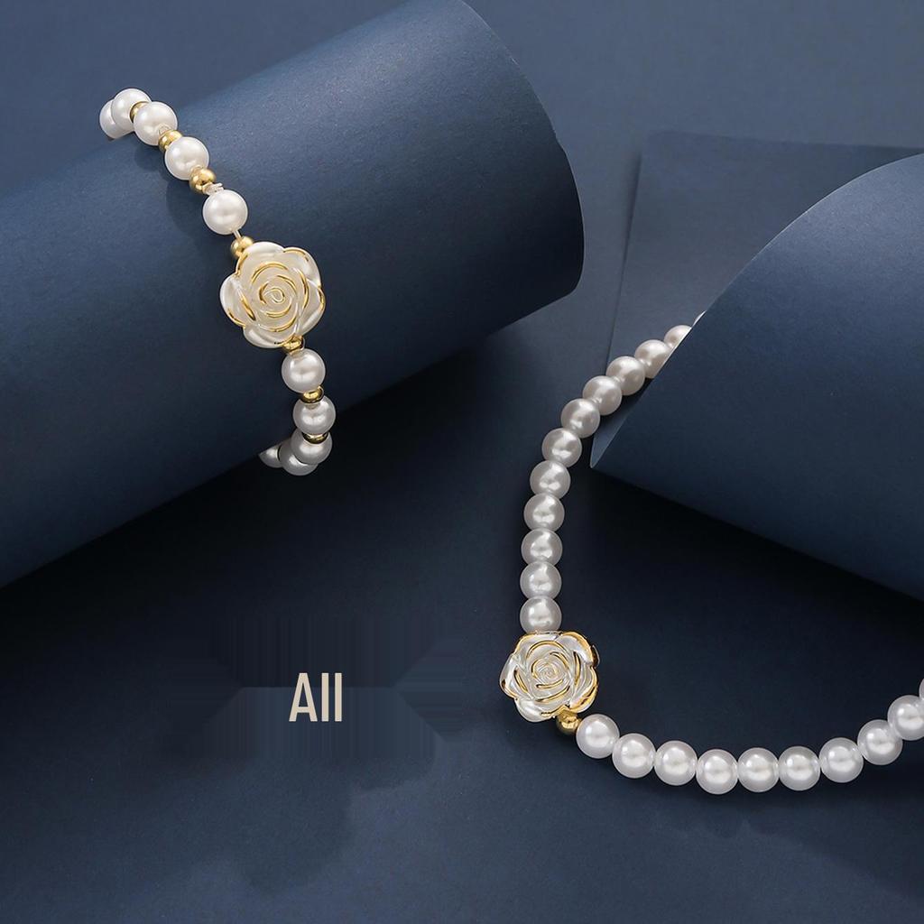 Camellia Pearl Jewelry Set: Women's 3-Piece Set with Necklace, Bracelet, and Stud Earrings.