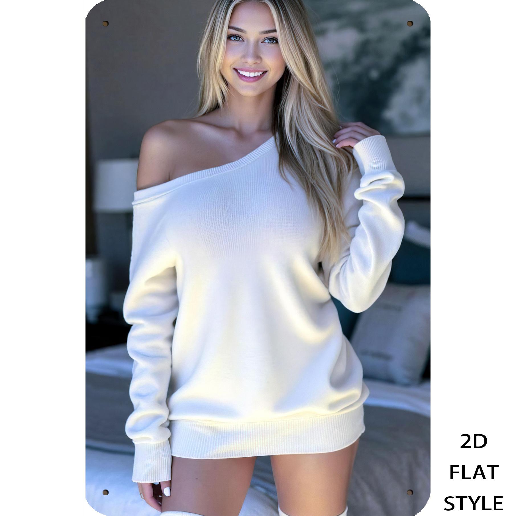 

HD Metal Tin Sign Gorgeous Blonde Woman in White OffShoulder Oversized Sweater Posing on Bed Vintage Wall Art Decor for Bedroom 20x30cm（7.8x11.8inch）