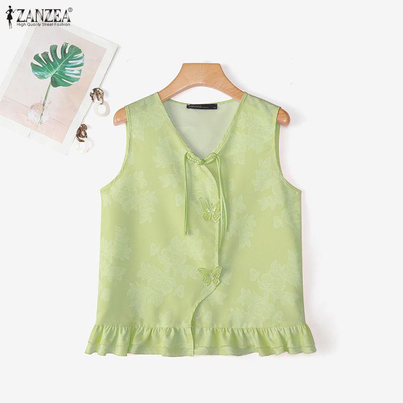ZANZEA Women Casual V-Neck Summer Loose Sleeveless Print Vest Tops