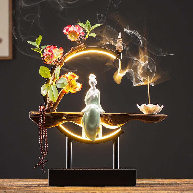 Chinese Style LED Ring Lamp with Backflow Incense Burner for Living Room Decor