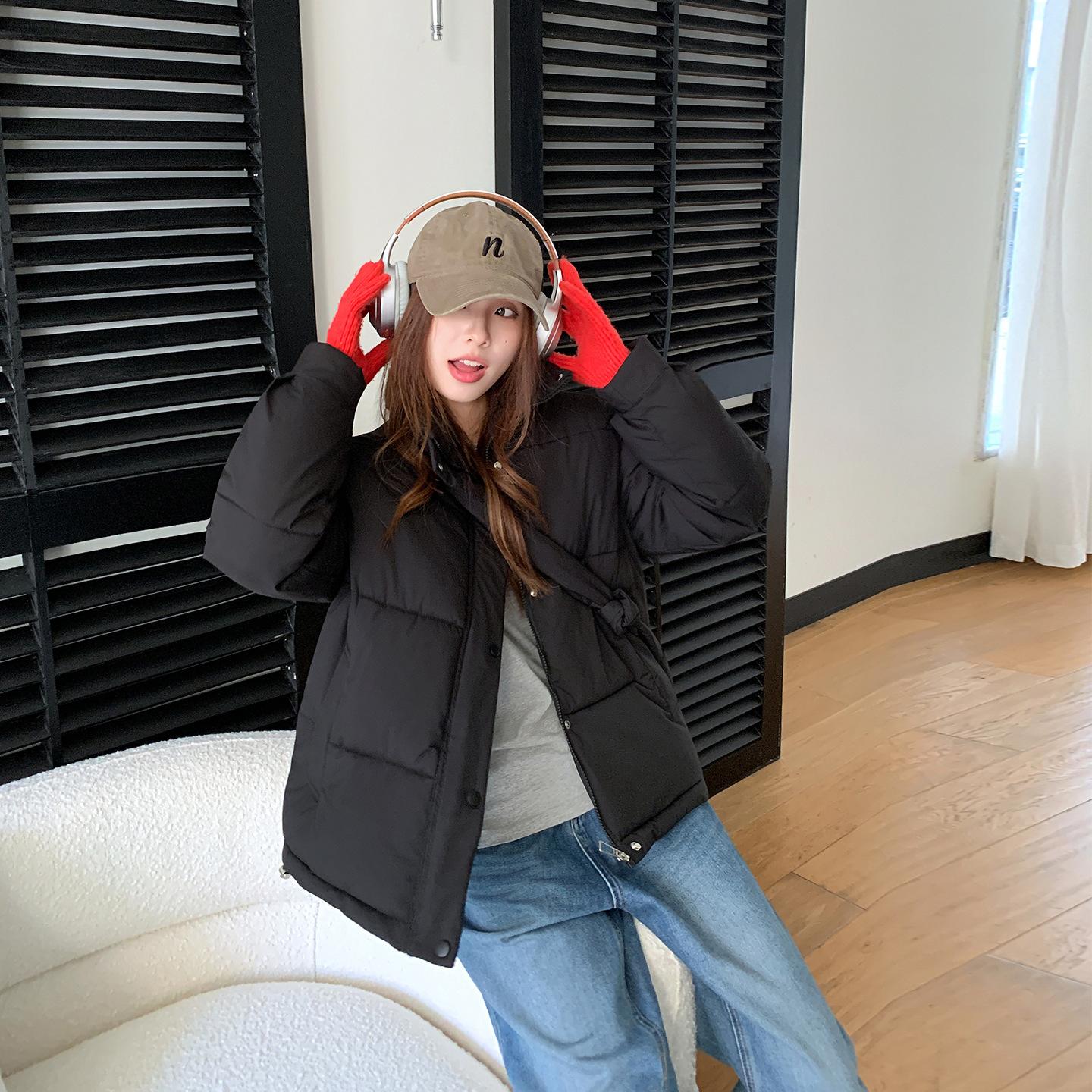 

Stand Collar Solid Color Warm Cotton-padded Jacket with Bag M чёрный