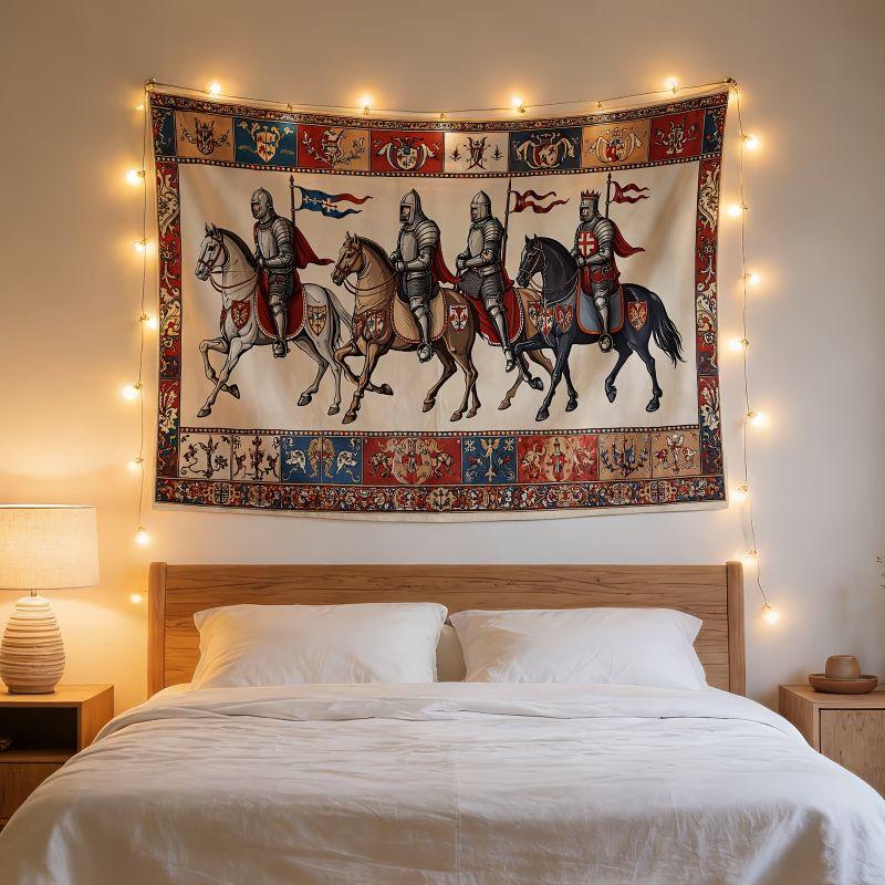 Medieval Knight Horse Coat Of Arms Wall Tapestry Beige Red Blue Armor Rider Flag Crest Border Vintage Art Bedroom Living
