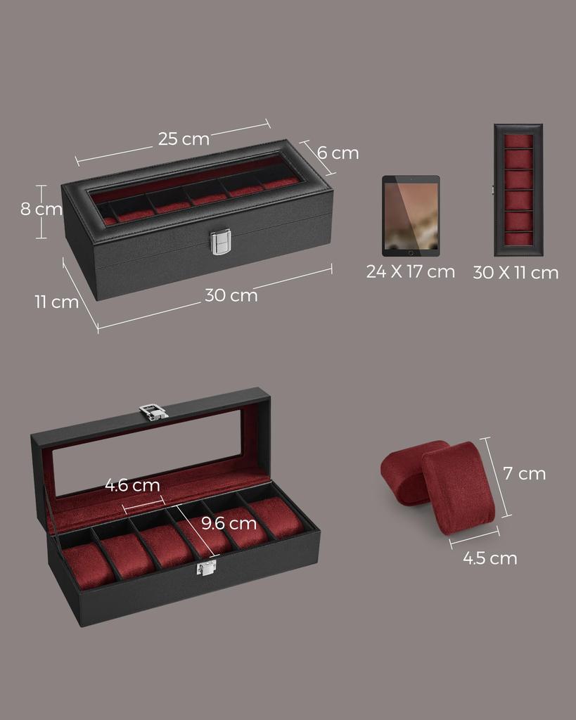SONGMICS Watch Case for 6 Made of Watch Collection Case with Transparent Watch Accessory Day Birthday Celebration JWB006R01 Watches, PU, Storage,