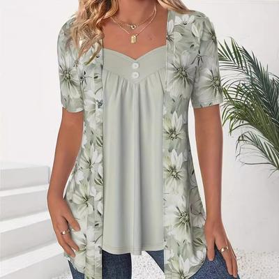 Large Sizes Women T Shirts Summer Fashion Casual Fake Two Piece Short Sleeve Loose Flower Print Patchwork Shirts Plus Size Tops