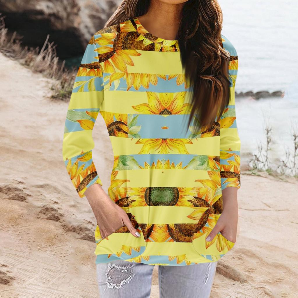 Damenmode Lässiges T-Shirt mit Rundhalsausschnitt, 3/4-Ärmeln und Tasche