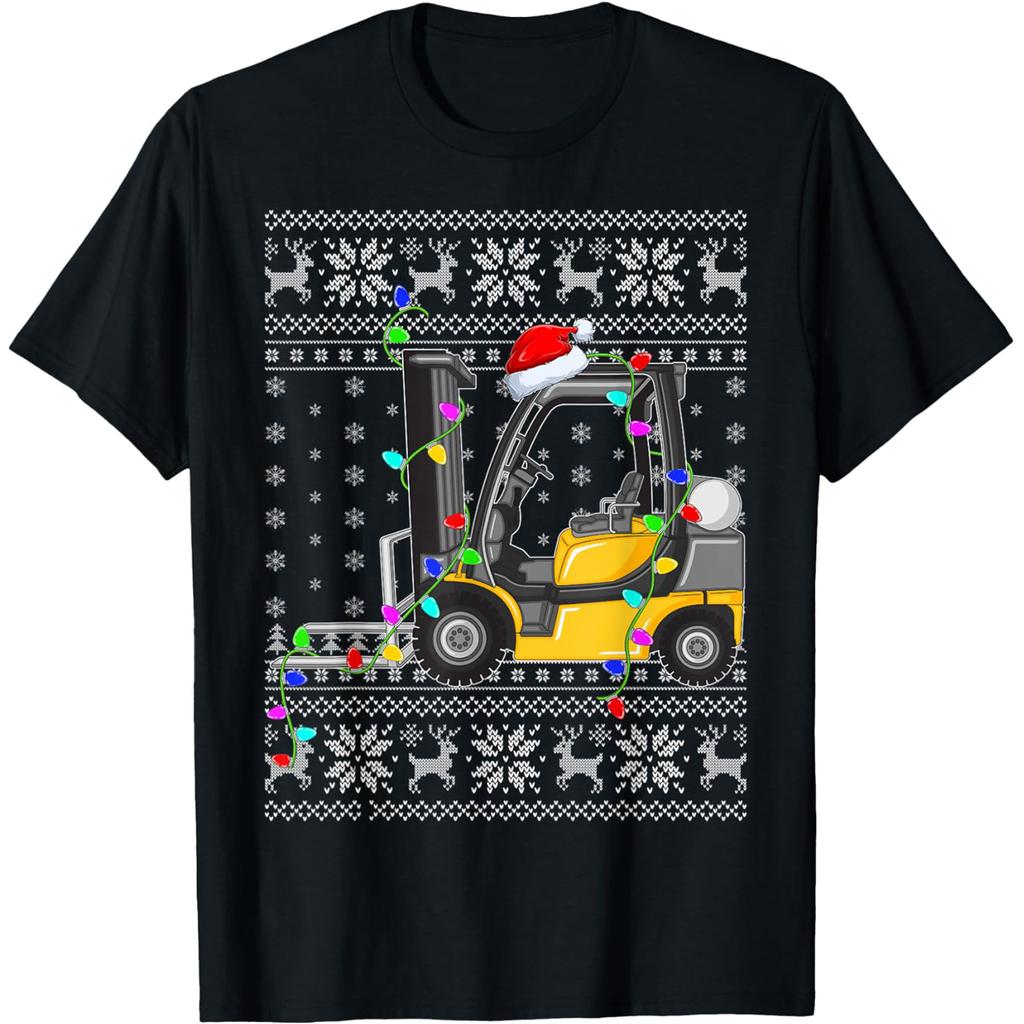 Forklift Lover Xmas Lighting Ugly Christmas T Shirts Men Cotton Humor Streetwear Tee Short Sleeve Unisex Loose Clothing