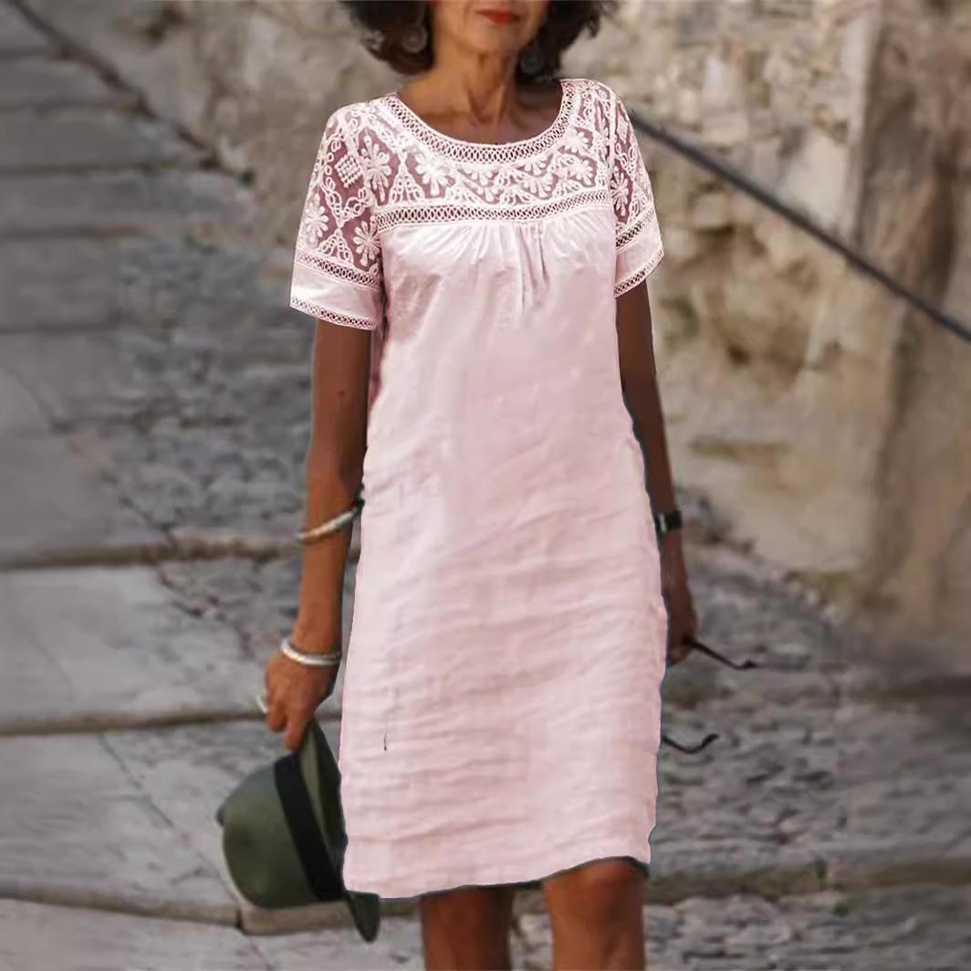 

Весна и лето Новое повседневное кружевное платье с круглым вырезом из хлопка и льна, однотонное, с короткими рукавами XL розовый