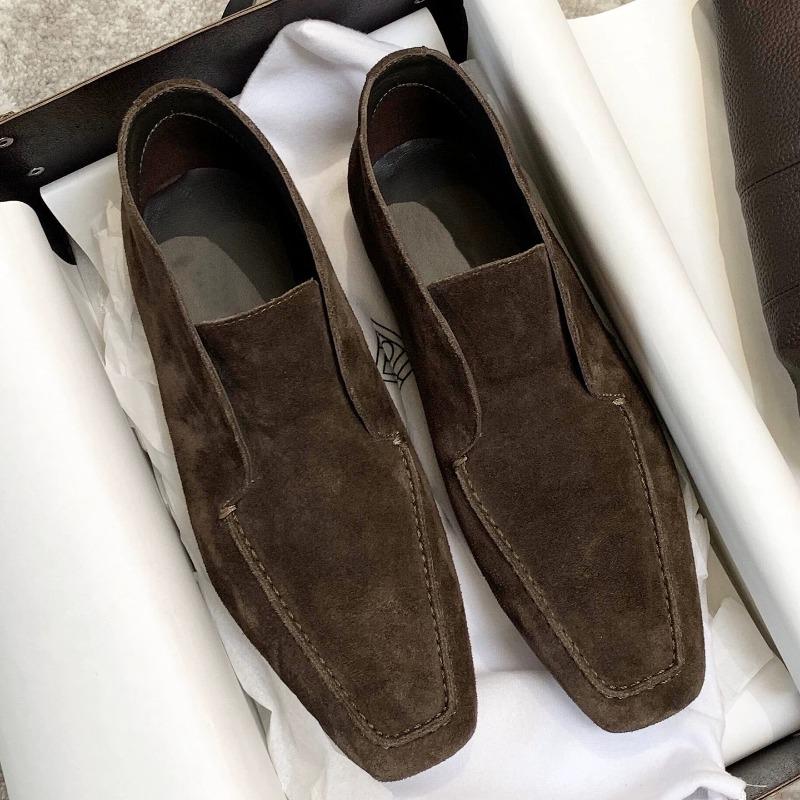 Sheepskin version~ Retro British niche suede square head flat bottom deep mouth loafers women s spring versatile single shoes 35