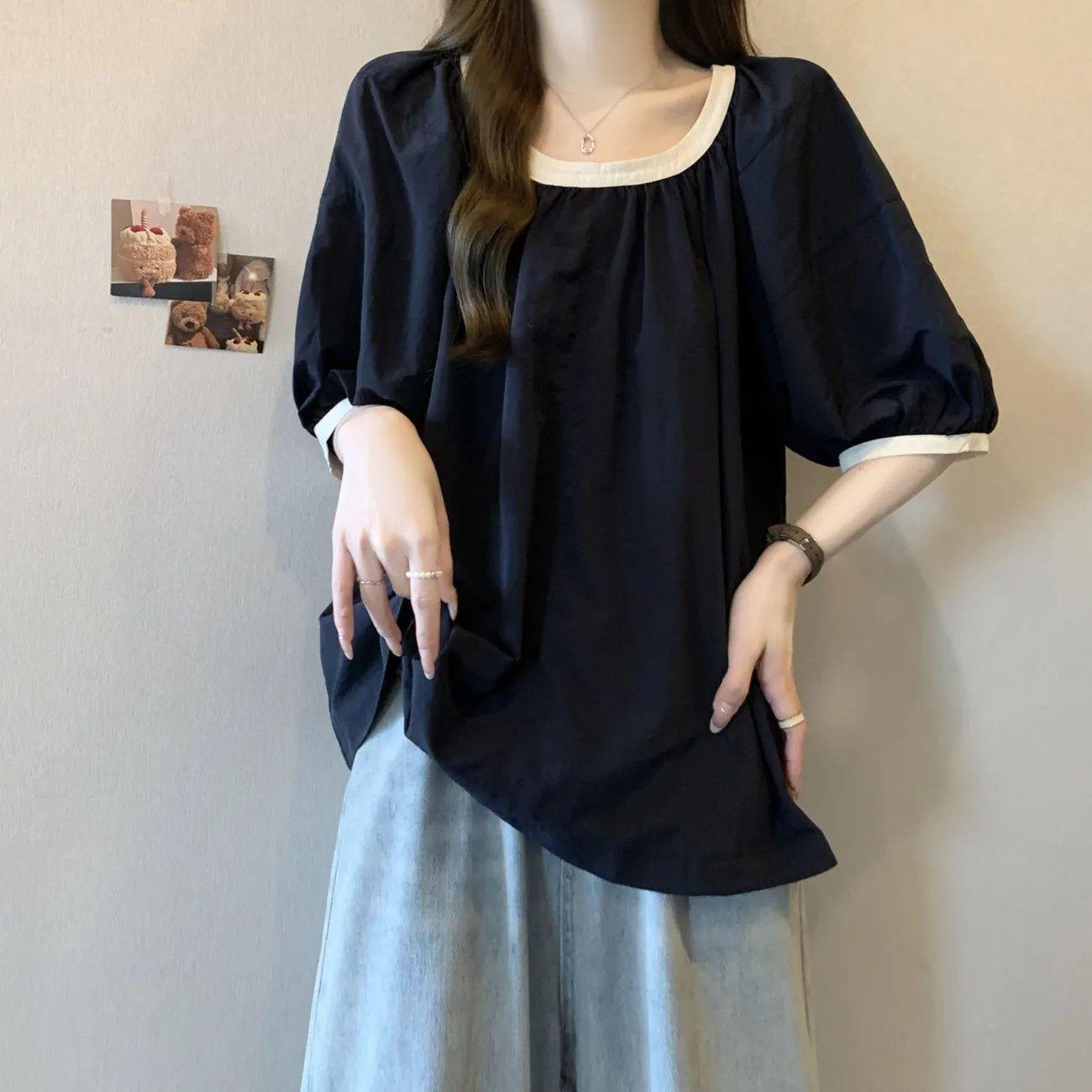 Contrast Trim Square Neck Puff Short Sleeve Blouse, Loose Casual Textured Summer Top for Women S