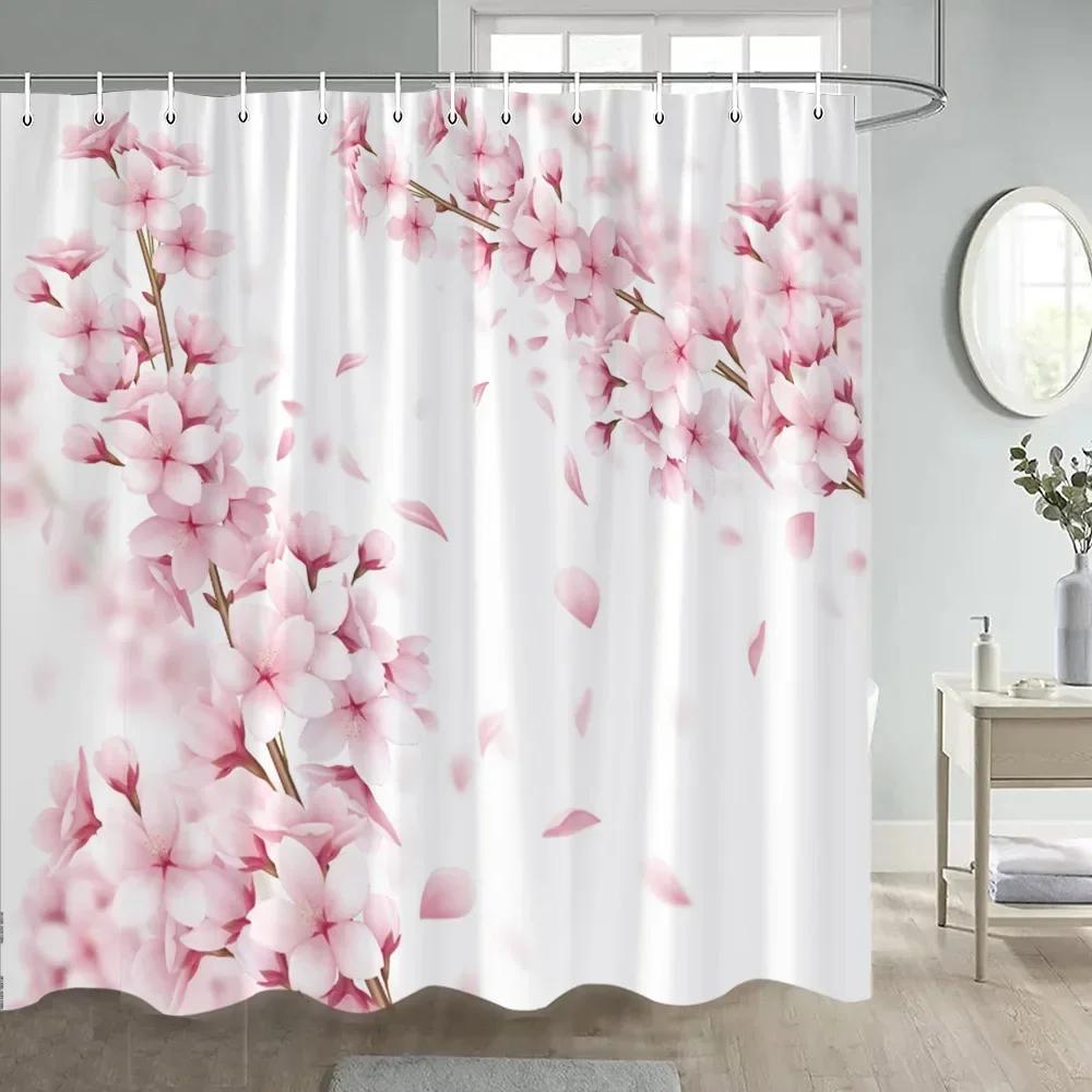 Pink Flowers Shower Curtains Cherry Blossom Floral Koi Japanese Style Bath Curtain Polyester Fabric Bathroom Decor with Hooks