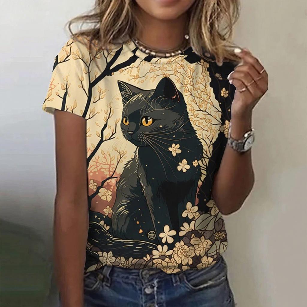 Summer Round Neck 3D Print Kawaii Cat Top Fashionable Casual Short Sleeved Women's T-shirts
