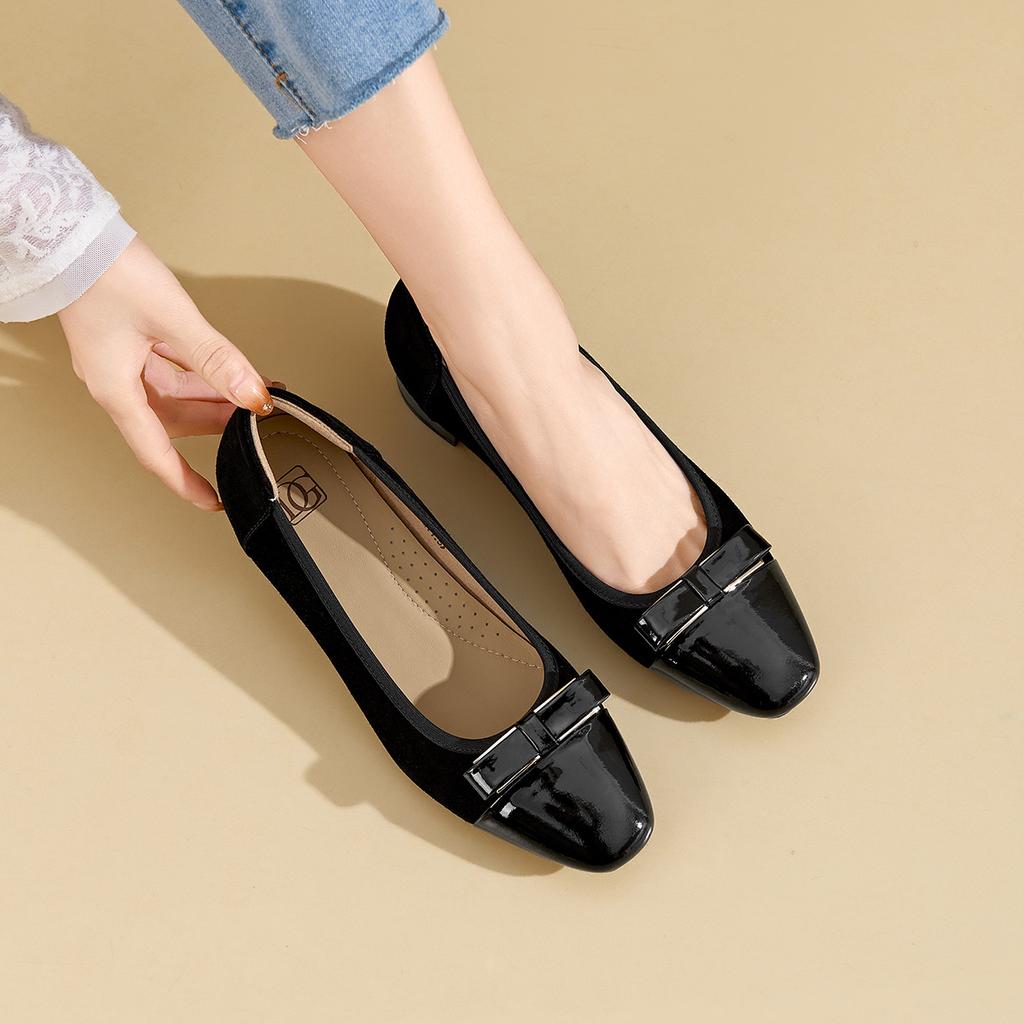 [Same as in the mall] 26 year spring new fashionable retro patchwork bow thick heel comfortable and elegant women's single shoes