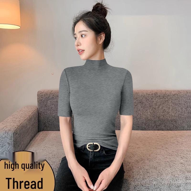 Koreanisches Schickes Enganliegendes Geripptes T-Shirt mit Halbem Stehkragen und Fünf-Punkt-Ärmeln