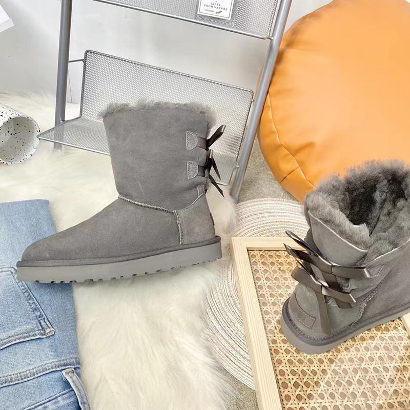 Winter Bow Snow Boots Leather Women's Medium Boots Tall Boots Fleece Thickened Warm Women's Boots