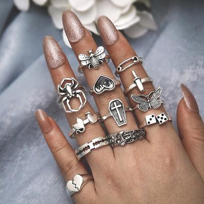 Neue Mode Retro Liebe Tropfen Öl Kreuz Schmetterling Öffnung Pilz Spinne Ring 12-teiliges Set für Frauen