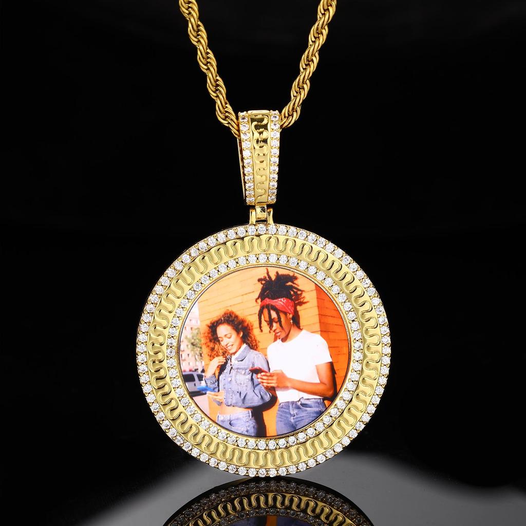 European Hip Hop Zircon Inlaid Photo Pendant Necklace - Customizable Jewelry