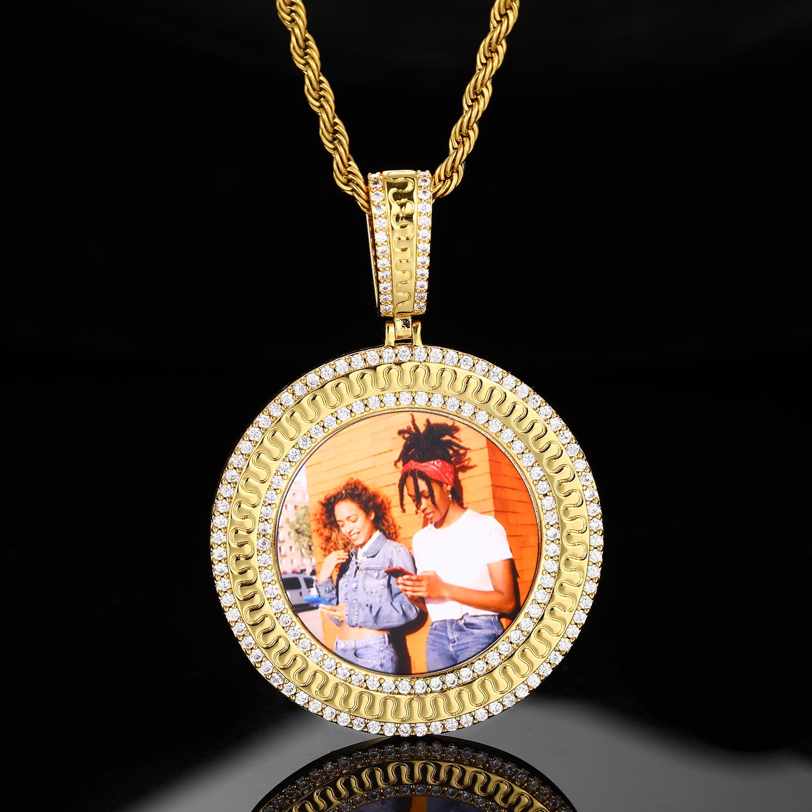 European Hip Hop Zircon Inlaid Photo Pendant Necklace - Customizable Jewelry