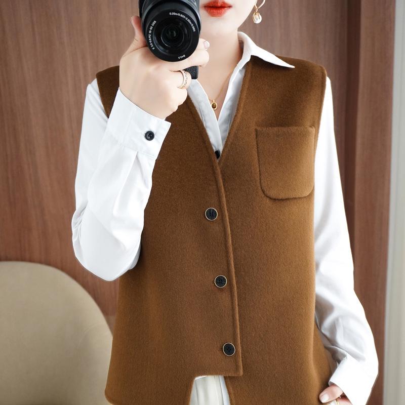 Dámská asymetrická oboustranná vlněná vesta - V-výstřih, bez rukávů, módní kardigan na podzim/zimu