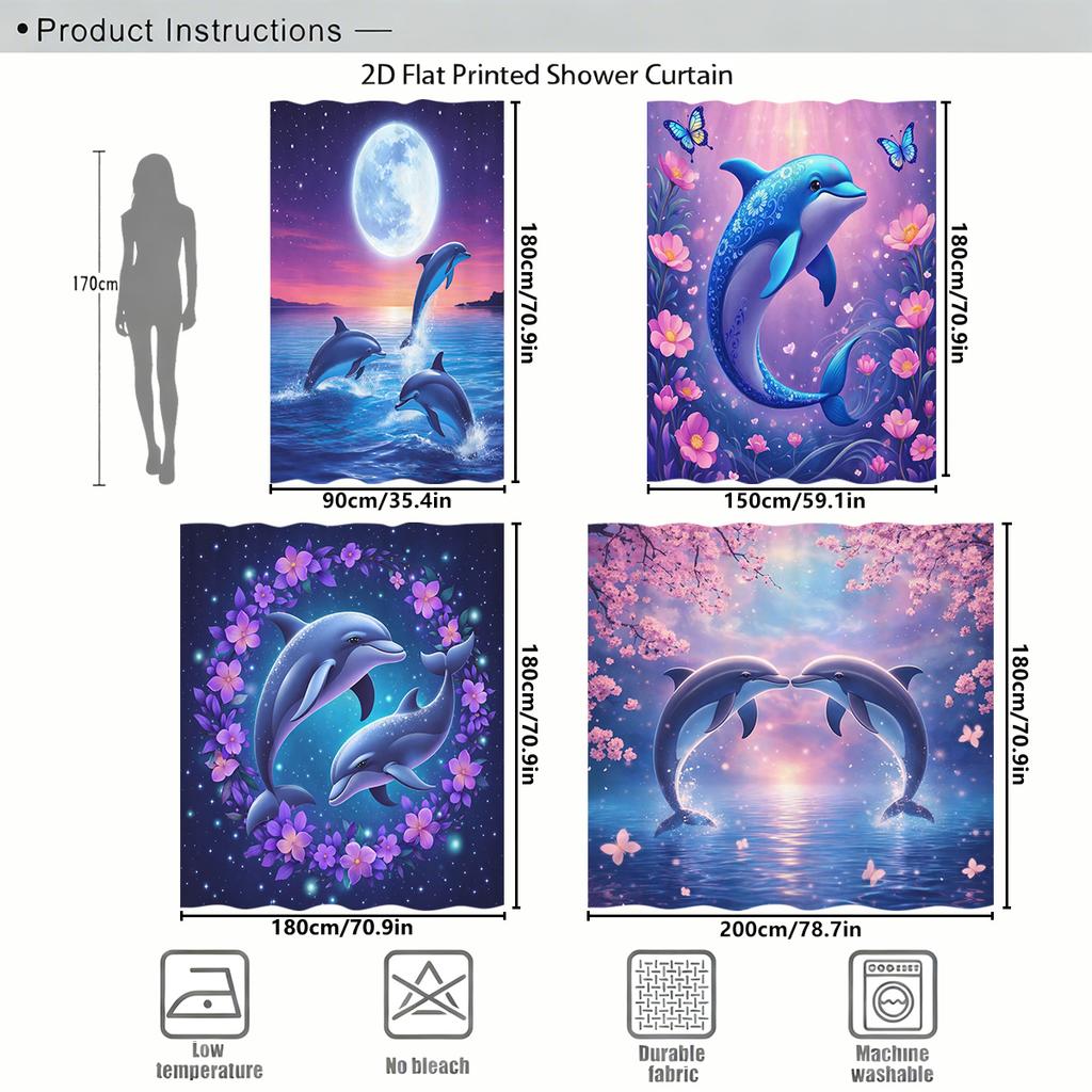 Charming Dolphin Pattern Polyester Shower Curtain - Lovely Bathroom Decor, Decorative Bathtub Partition For Home & Hotel