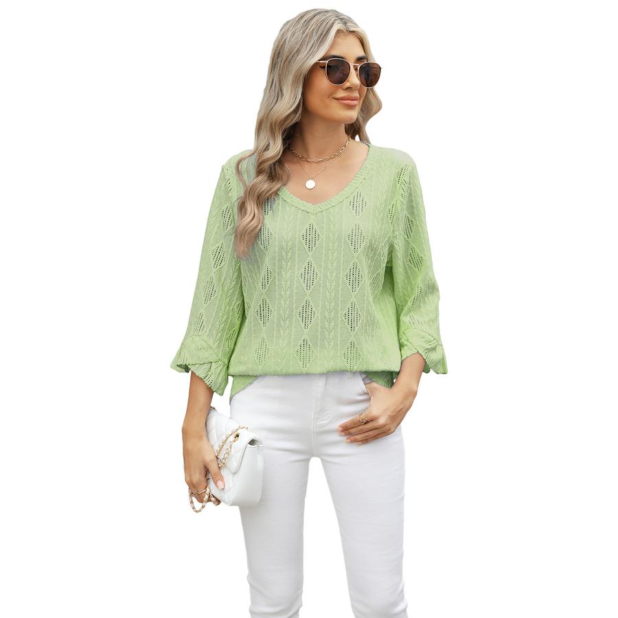 New Summer V-Neck Diamond Lattice Hollow Lace Ruffle Sleeve Loose T-Shirt for Women