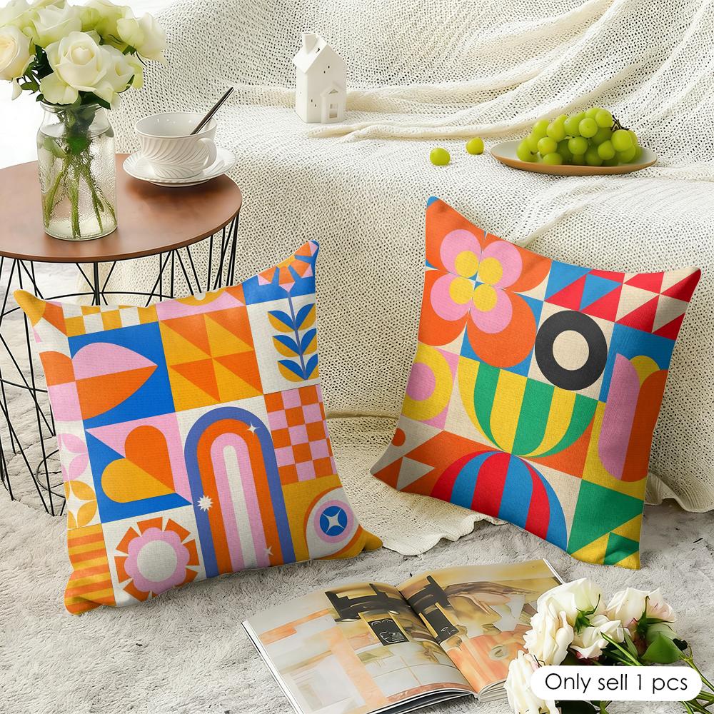 Geometric Patterns Cushion Cover Natural Linen Organic Fabric Double-Sided Printing Breathable Perfect For Home Decor