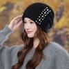 Rabbit Fur Pullover Knitted Hat Women Autumn and Winter Warm Wool Hat Fashion Pearl Headgear Outdoor