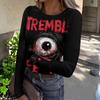 Women's Halloween Print Long Sleeve Neck Ribbed Top for Casual Fashion