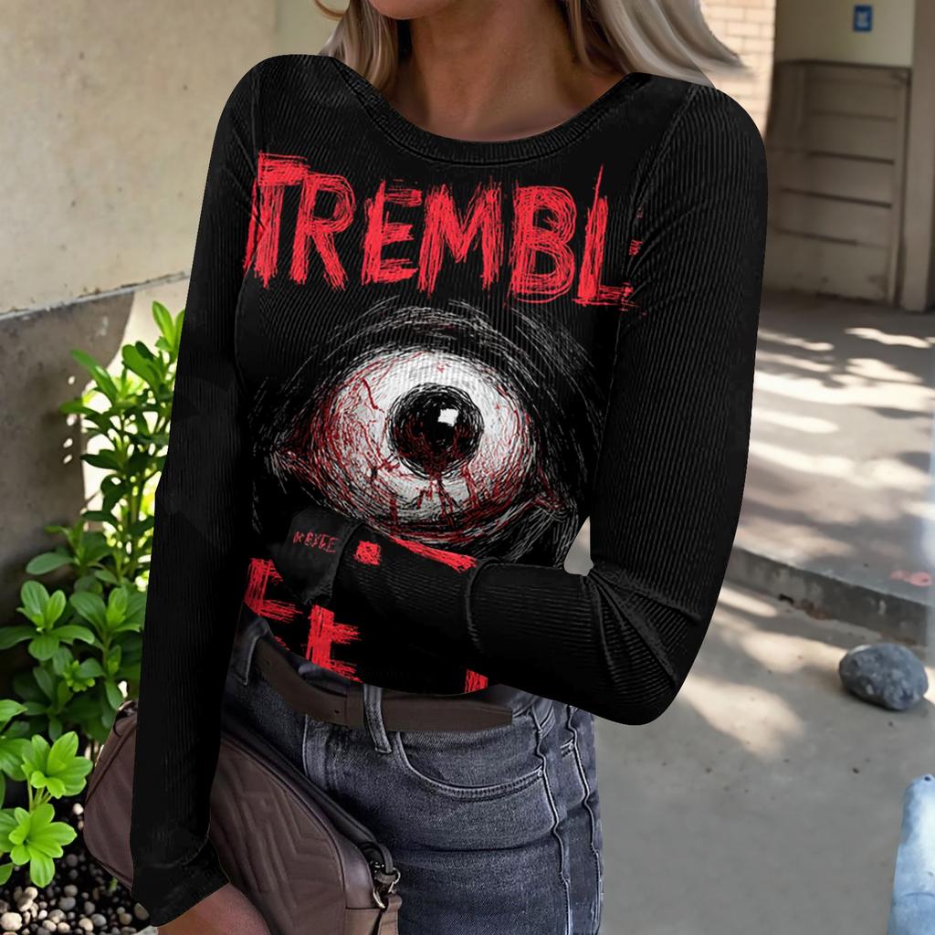 Women's Halloween Print Long Sleeve Neck Ribbed Top for Casual Fashion
