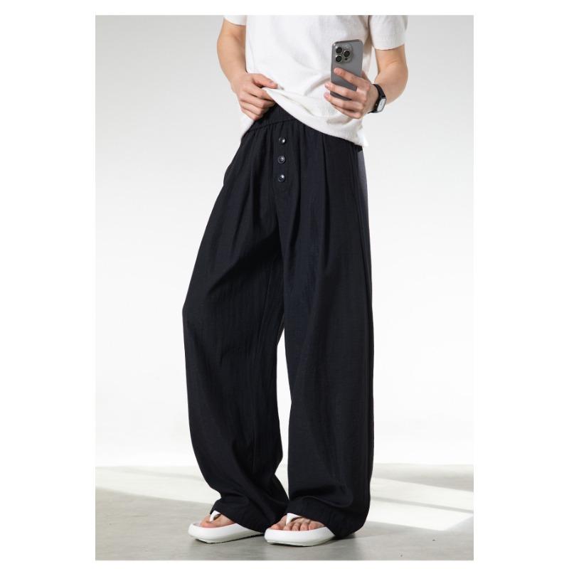 Mens Loose Straight Long Contrast Color Button Front Casual Pants