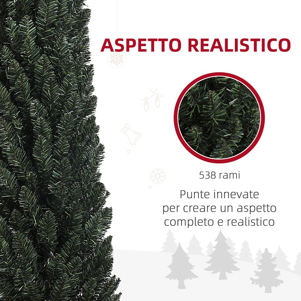 Slim Christmas Tree 225 cm Tall Space-Saving with 538 Branches with Steel Base for Indoor Use, Green