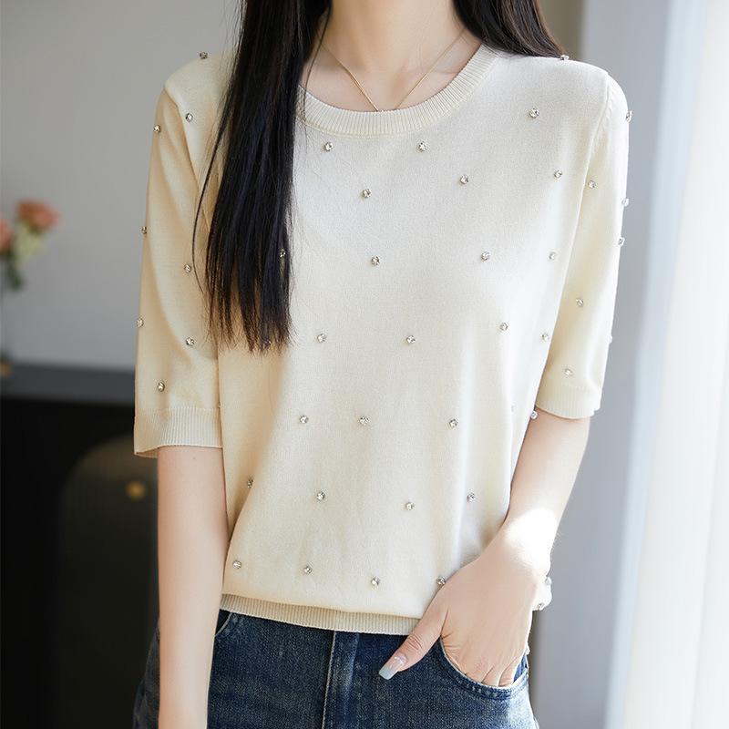 

Женский изогнутый круглый вырез, отделанный бисером, вязаный свитер - короткий рукав, летний топ высокого качества XL бежевый