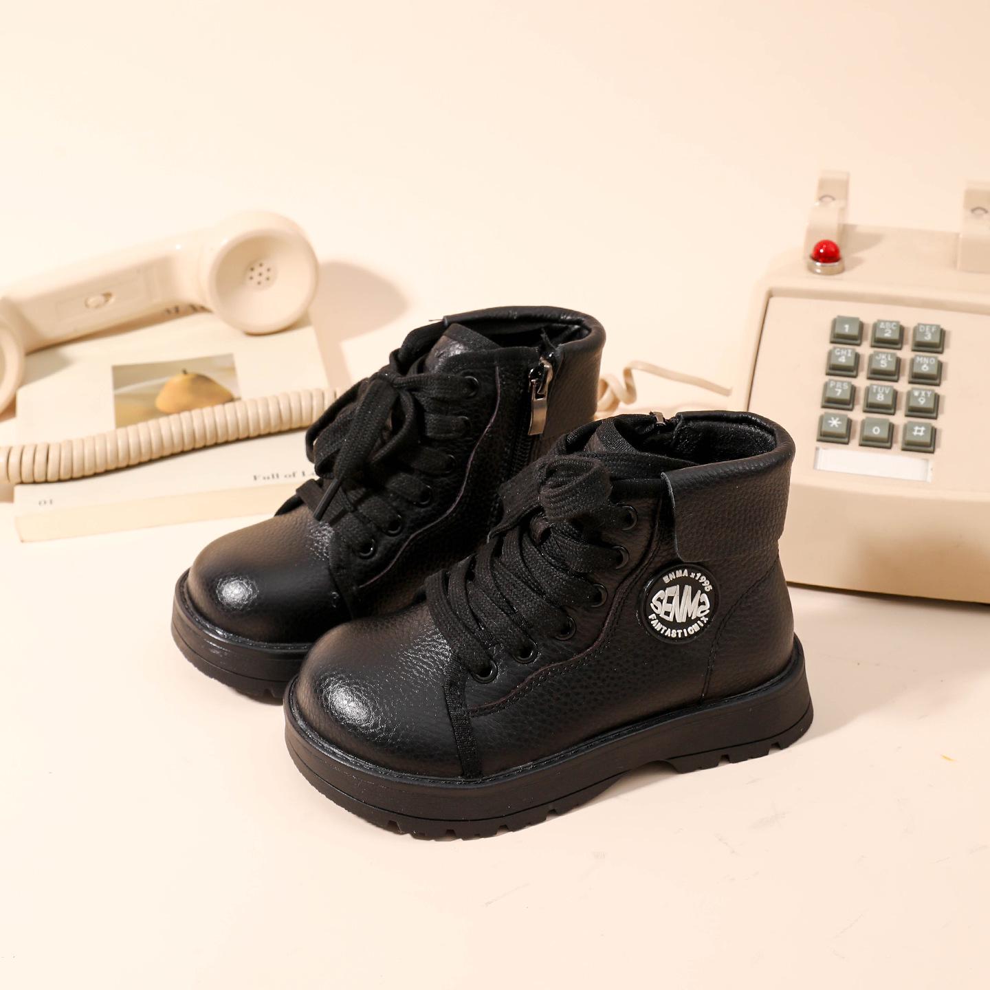 

2025 Winter First Layer Cowhide Kids Martin Boots with Plush Lining - Trendy Style for Boys and Girls. 37