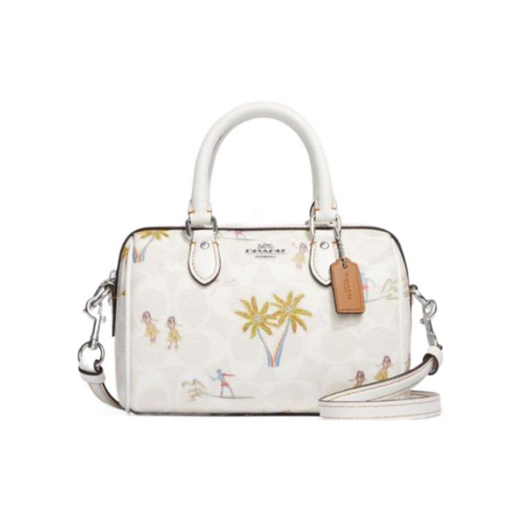 

Coach Rowan 18 Silver Letter Logo Floral Classic Jacquard Leather Boston Bag Women Handbags White CK164-SVRFI Basic Set (Bag+Dust Bag)