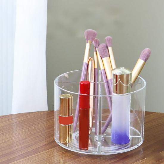 360 Degree Rotating Pen Holder Transparent Desk Pencil Organizer with 4 Compartments Acrylic Marker Caddy for Office Home School Supplies