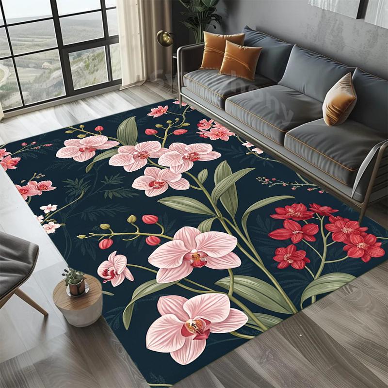 Navy Pink Orchid Area Rug Elegant Floral Botanical Pattern Non-Slip Stain Resistant Carpet for Living Room Bedroom Entryway