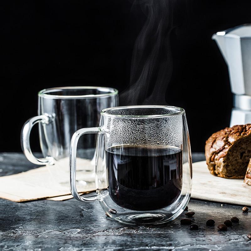 High-Temperature Resistant Double-Walled Borosilicate Glass Coffee Mug with Handle - Clear, Available in Multiple Sizes
