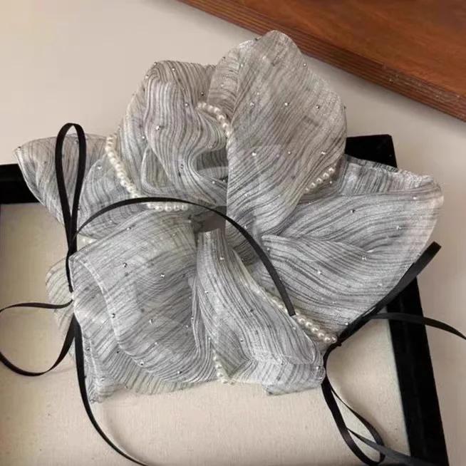 1PC Bowknot Beaded Tulle Scrunchie - Women s High-end Hair Rope, Sweet and Elegant Hair-tie Elastic Band Hair Tie серый