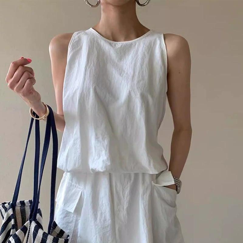 Summer Women Solid Color Casual 2 Piece Sets Zipper Sleeveless Vest Shirt +Elastic Waist Shorts Skirt Set Office Women Outfits
