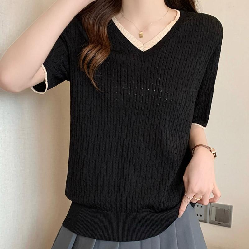Women Sweaters Pullovers 2025 Summer Short Sleeve V-Neck Black Knitted Sweater Women Tops Pullover JJ221
