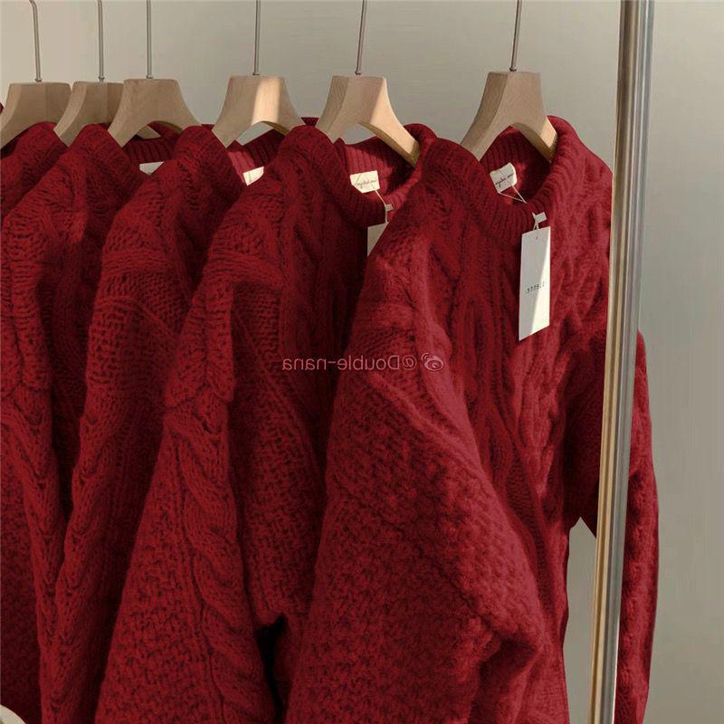 Damen Übergröße Roter Zopfstrickpullover - Dick, Locker, Perfekt für Weihnachten und Winter