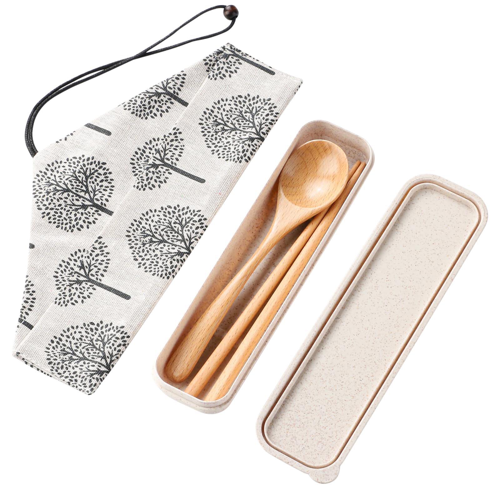 

Natural wood chopsticks, spoon, barley straw box holder, chopsticks pouch included, 18cm