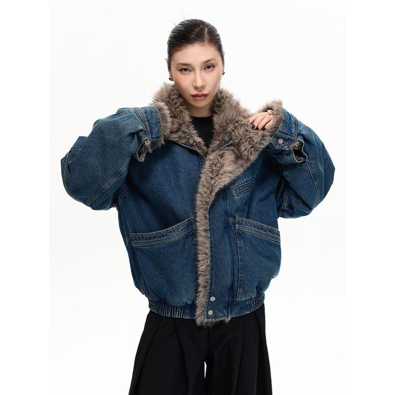 Kisko Winter American-Style Deconstructed Denim Jacket Cotton Coat Unisex Trendy Brand Warm Oversized Stand Collar Jacket