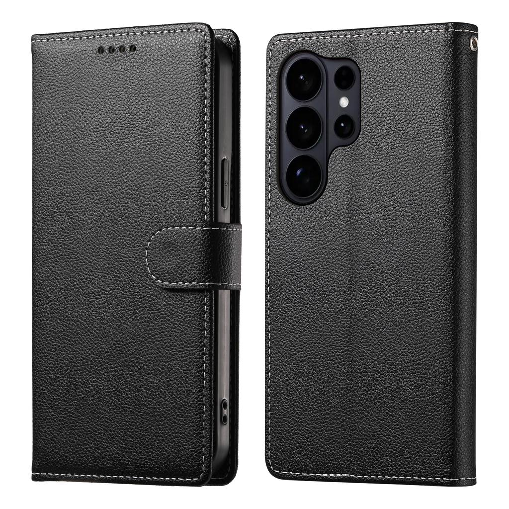 For Samsung Galaxy S26 Ultra Case Magnetic Snap Litchi Texture Leather Wallet Phone Cover with Wrist Strap