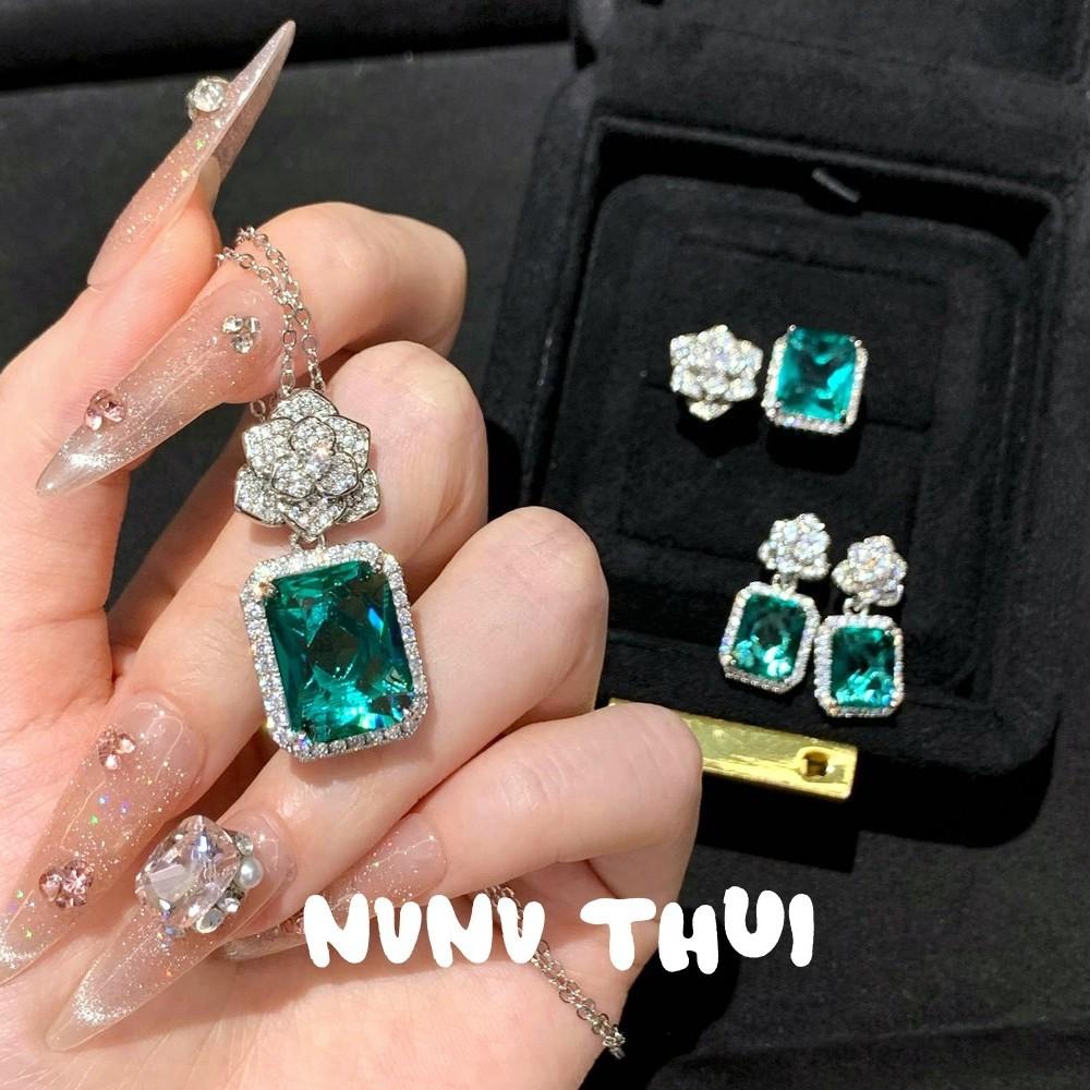 Jewelry Colombian Emerald Rose Gem Necklace Banquet Haute Couture Malachite Camellia Earrings Set