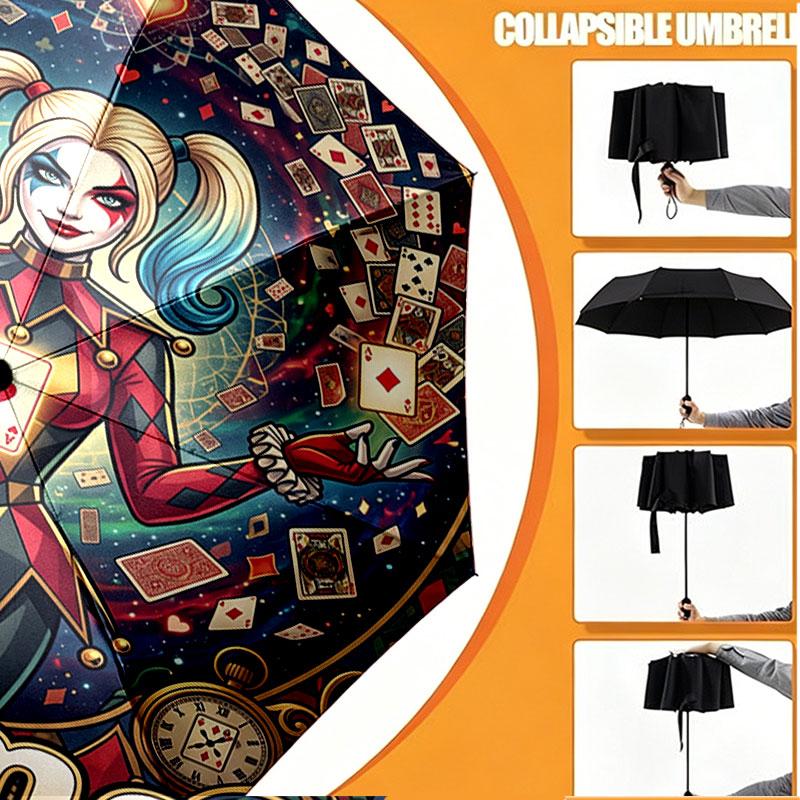 Custom Name Personalized Harley Quinn Print Umbrella, Auto Open Close, 8‑Rib Sturdy Frame, Commute Camping Hiking Use, Birthday Gift